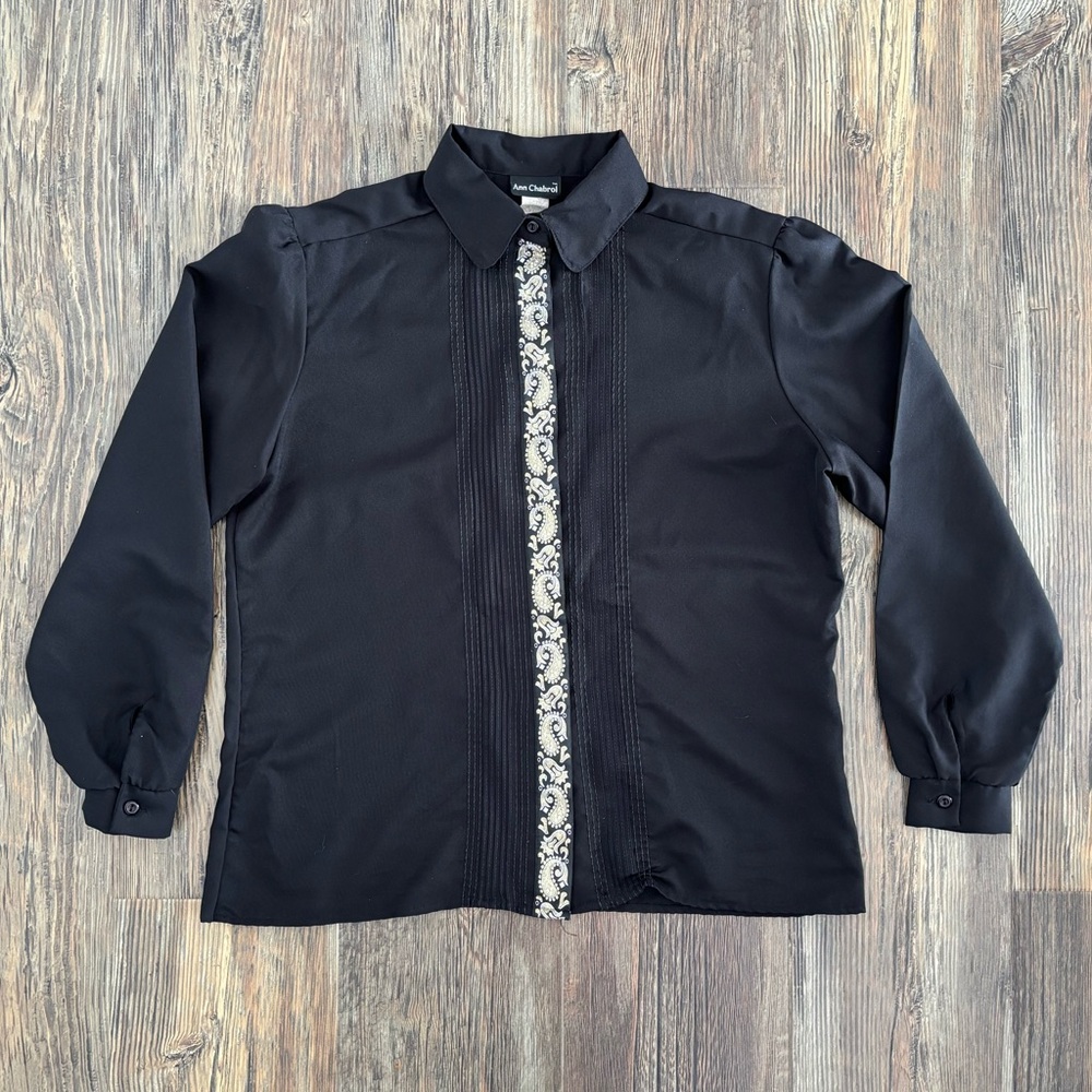 Vtg Ann Chabrol Button-Up L/S Shirt Sz 14 Black Gold Paisley Trim Hidden Placket